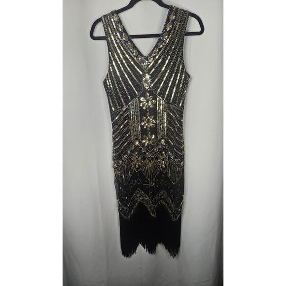 Womens Black Flapper Dress Halloween Costume Small Gold Sequins Fringe 20s Glam - Picture 1 of 8